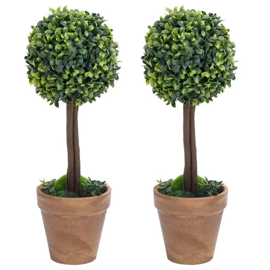 Set of 2 artificial boxwood topiary plants 22 inches tall with spherical balls and eucalyptus stems for indoor outdoor decor
