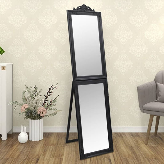 Elegant 63-inch tall black baroque full-length floor mirror with ornate frame and matte finish, freestanding foldable design perfect for bedroom or dressing room
