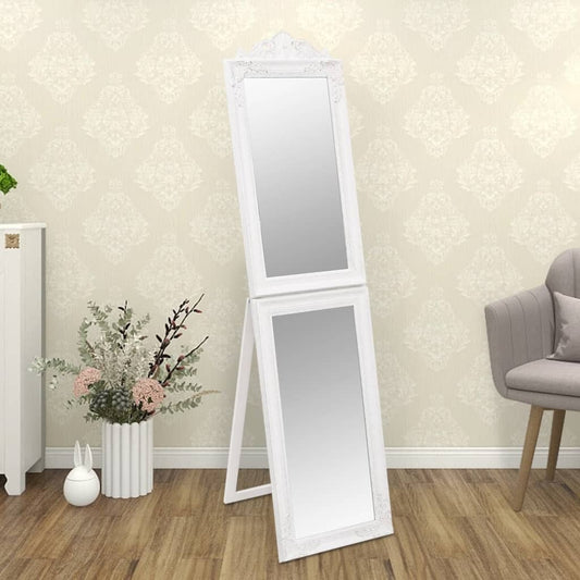White baroque full-length standing mirror 78.7 inches tall with elegant eucalyptus wood frame, foldable floor mirror for bedroom
