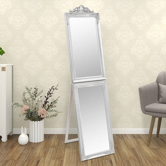 Luxurious 79-inch tall silver baroque full-length floor mirror with ornate antique finish frame and intricate decorative inlays, freestanding foldable design perfect for bedroom or dressing room

