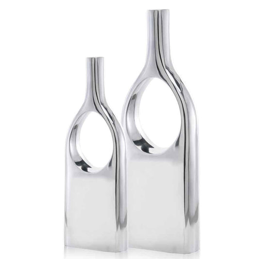 Set of two 25-inch tall silver aluminum modern vases with geometric cutout hole design, contemporary metallic table decor for minimalist home interiors
