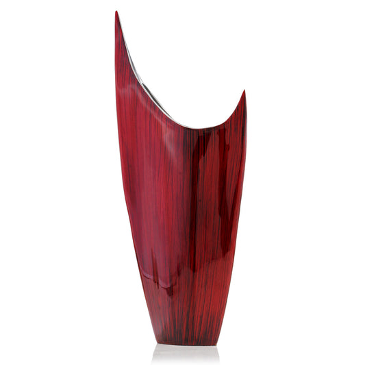 18 inch red aluminum contemporary pointed vase with unique sculptural design, bold modern table decor statement piece
