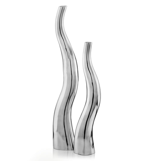 Set of 2 silver aluminum squiggly vases 32 inches tall with modern wavy design, contemporary sculptural table decor
