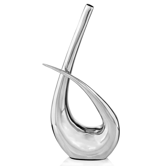 20 inch aluminum silver modern abstract vase with contemporary design, sculptural table decor statement piece
