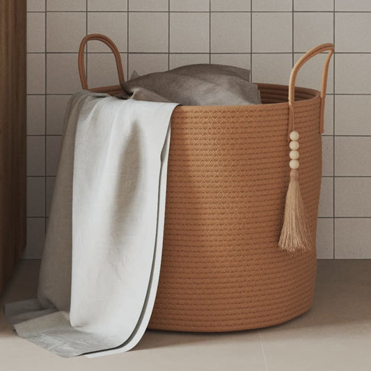 Brown cotton storage basket 15.7 inch round collapsible organizer made from 100% cotton fabric for home organization
