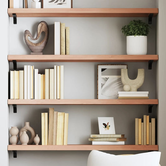 Light brown solid oak wood rectangular floating shelf - natural wood grain wall storage
