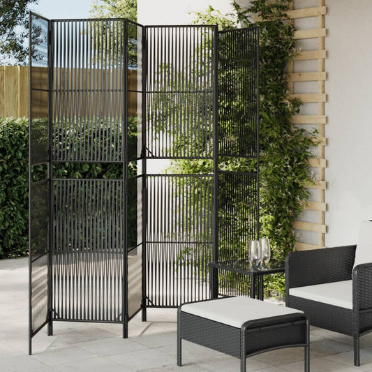 6-panel black poly rattan room divider installed in modern living space showing privacy screen functionality
