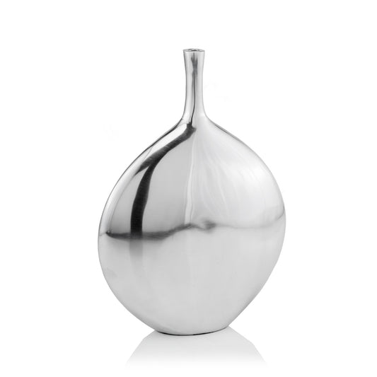 12-inch silver aluminum long neck vase with narrow round disc shape, modern sculptural table decor for contemporary minimalist interiors
