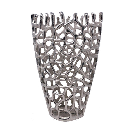 16 inch silver aluminum twigs novelty vase with distressed metal finish, modern sculptural table decor with branch design
