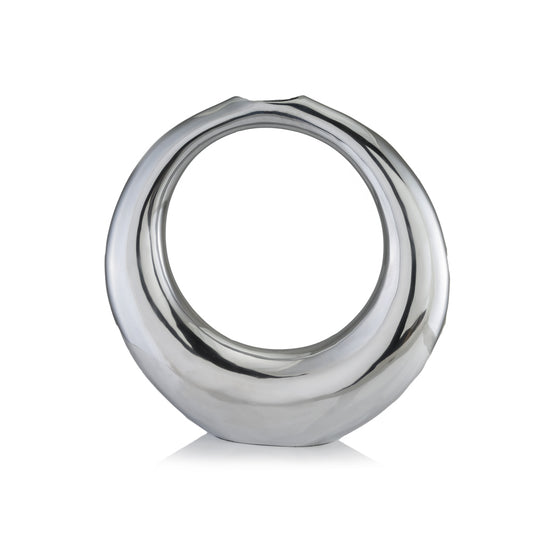 17 inch silver aluminum ring hoop vase with unique circular design, modern sculptural table decor statement piece
