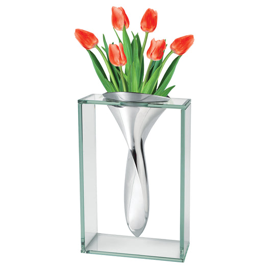 14 inch mouth blown crystal non-tarnish aluminum and glass vase modern handcrafted vase with sleek metal accents
