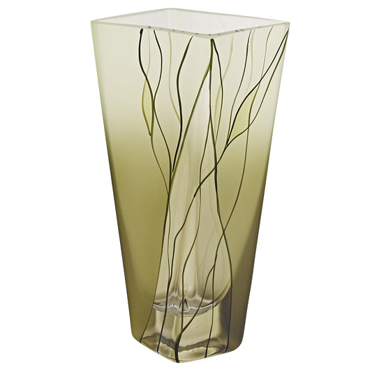 8 inch mouth blown European green glass hand decorated square vase artisan crafted with vibrant color
