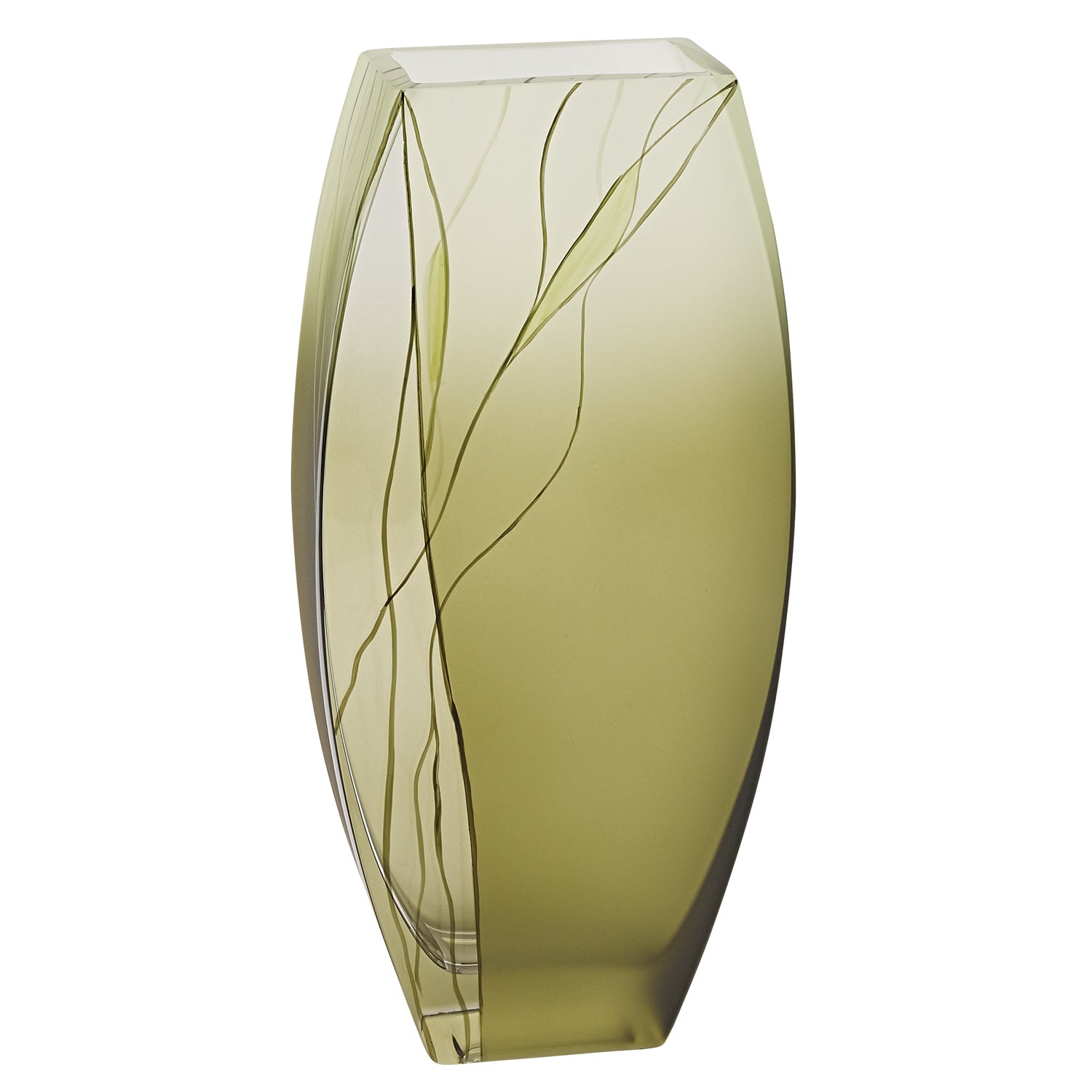 12 inch mouth blown European made green glass hand decorated vase artisan crafted with vibrant color
