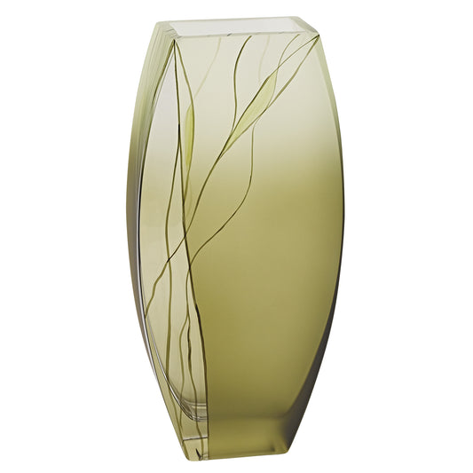 12 inch mouth blown European made green glass hand decorated vase artisan crafted with vibrant color
