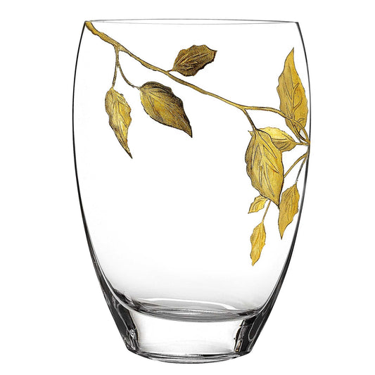 12 inch mouth blown hand decorated gold leaves vase luxury glass vase with artisan gold leaf accents
