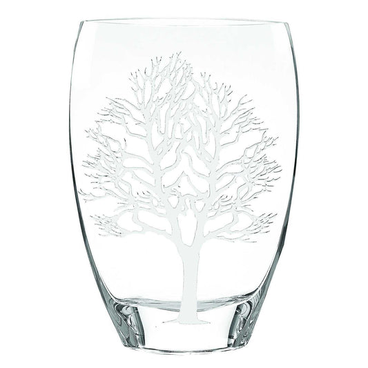 12 inch mouth blown frosted crystal European Tree of Life vase artisan crafted with symbolic design
