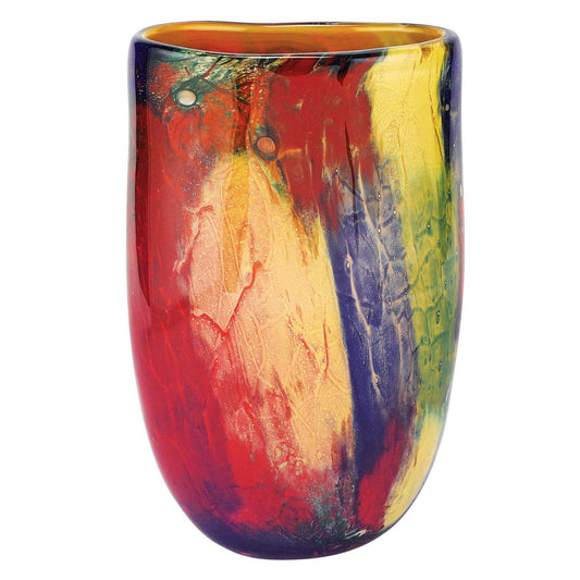11 inch multicolor art glass oval vase hand blown decorative glass with vibrant swirled colors
