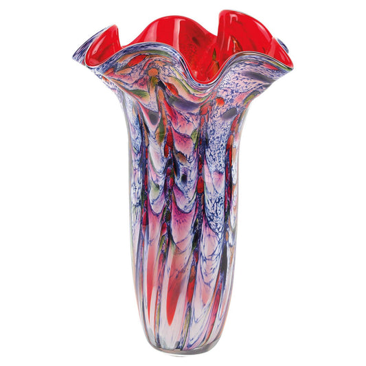 17-inch multicolor handcrafted glass art napkin vase with vibrant flowing colors, artistic contemporary decor

