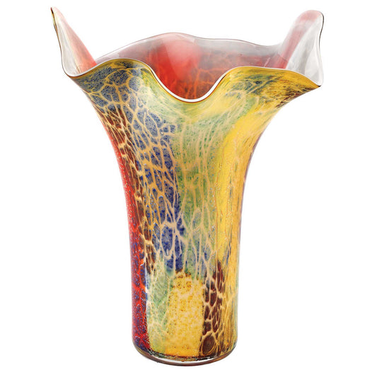 17 inch red and yellow glass abstract vase, contemporary sculptural art piece for modern table decor
