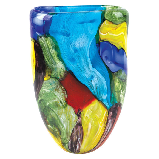 11 inch multicolor glass art oval vase with vibrant handcrafted swirls, unique artistic home decor piece
