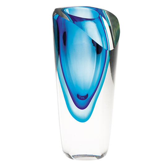 9 inch blue art glass vase with handcrafted swirls and patterns, unique artistic home decor piece
