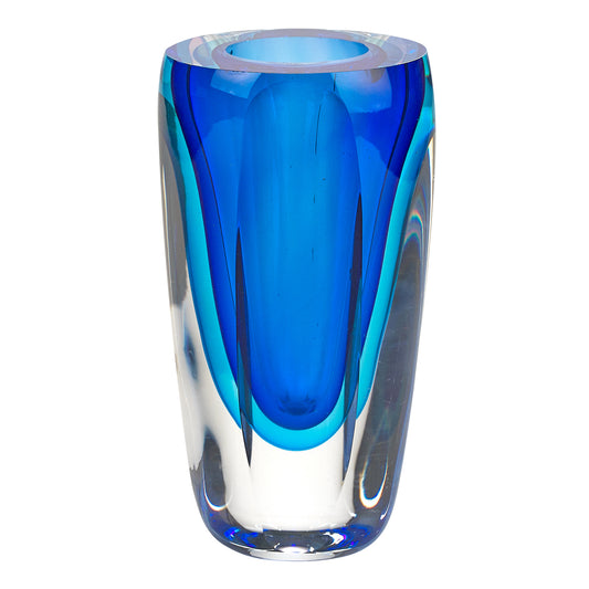6 inch mouth blown blue art glass vase with layered thick walled crystal, handcrafted unique piece for home decor
