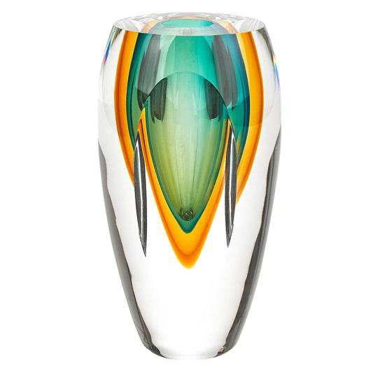 6 inch clear amber and green abstract Murano glass table vase handcrafted art glass with unique color patterns
