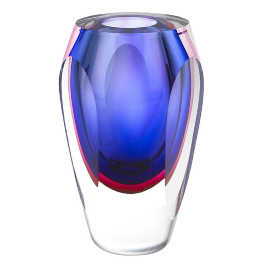 Colorful glass vase with blue and red gradient on a white background