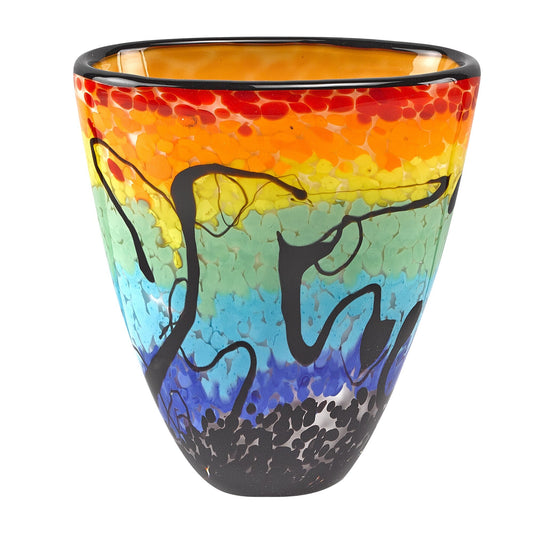7.5 inch mouth blown art glass oval vase with unique multicolor design and handcrafted crystal glass construction
