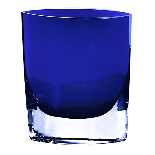 Exquisite 8-inch European mouth blown cobalt blue crystal glass vase with rich vibrant color and layered construction, authentic artisan handcrafted luxury home decor piece
