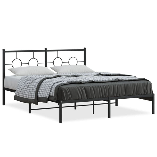 King size industrial black steel bed frame with headboard modern platform in bedroom
