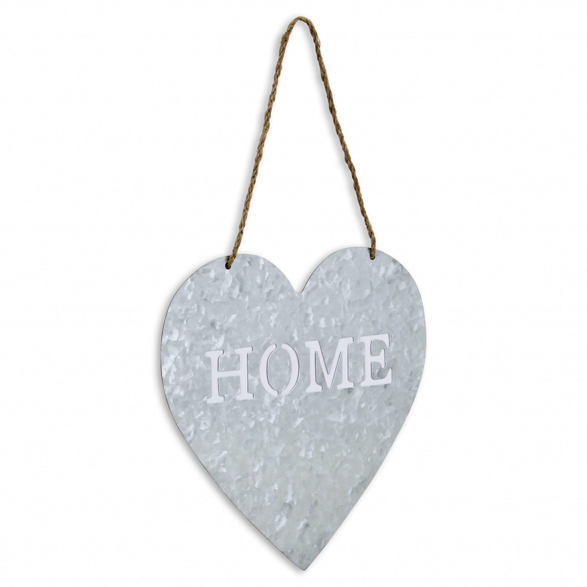 HOME gray galvanized metal wall decor 9.5 inches with cut out letters and rope hanger, rustic farmhouse sign
