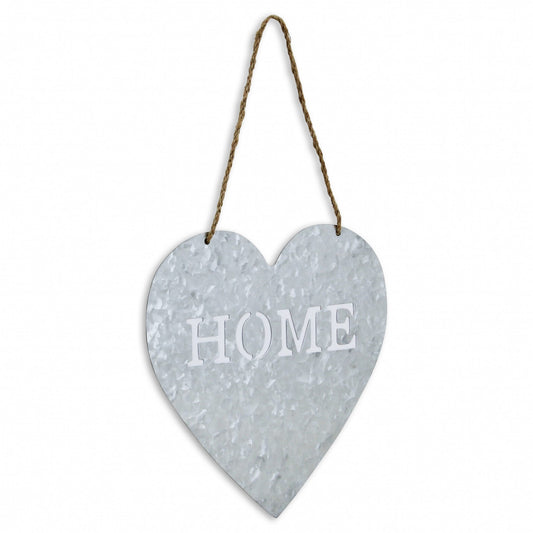 HOME gray galvanized metal wall decor 9.5 inches with cut out letters and rope hanger, rustic farmhouse sign
