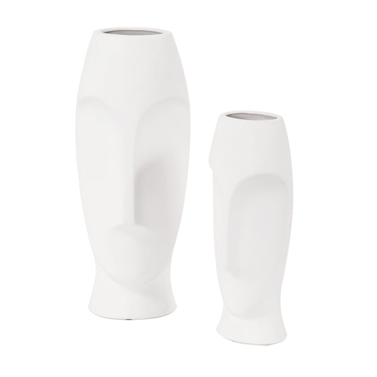 Set of two 18 inch white ceramic cylinder vases with abstract face design and modern contemporary style
