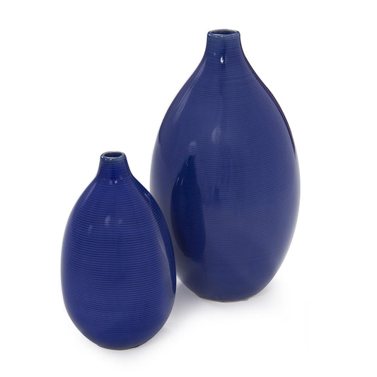 Set of 2 deep indigo blue ceramic bulb vases with cobalt glaze, large and small sizes for modern table decor
