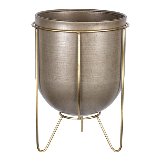 Bronze and gold metal plant pot with luxurious metallic finish, modern glam planter decor