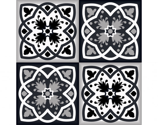6x6 black white gray peel and stick tiles applied on kitchen backsplash showing modern monochrome pattern
