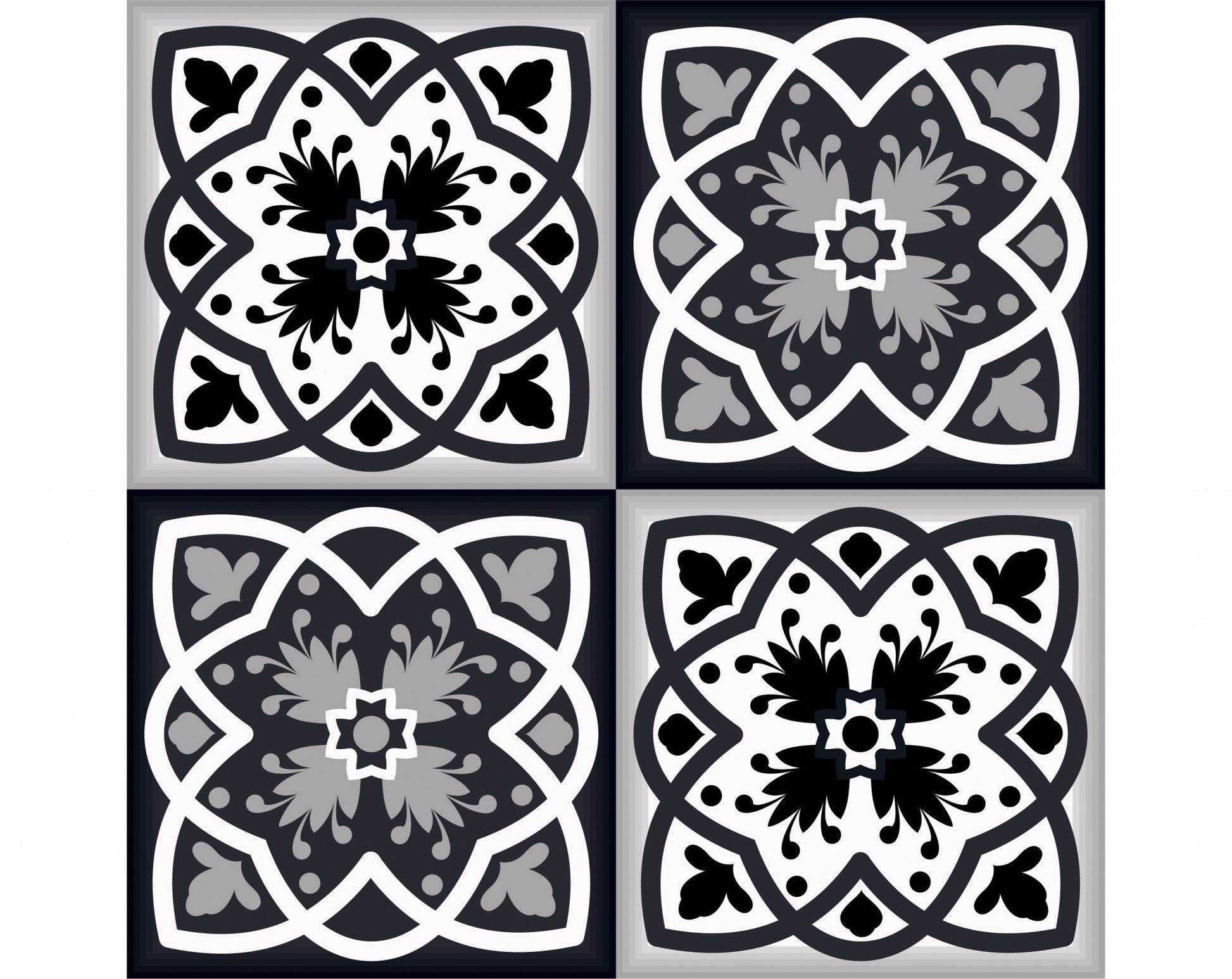 Close-up view of black white gray vinyl tiles showing detailed geometric pattern and contrasting colors
