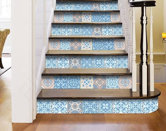 4x4 ocean blue mosaic peel and stick tiles applied on kitchen backsplash showing beautiful blue pattern
