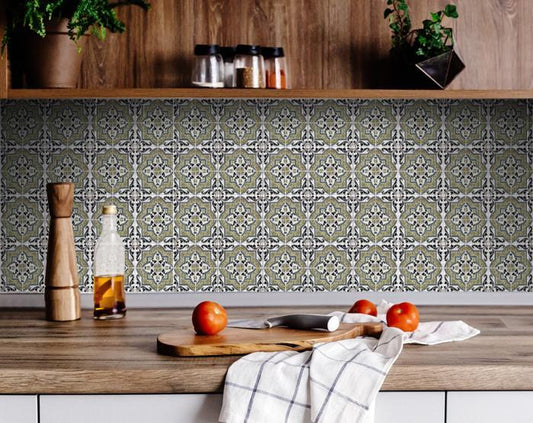 6x6 vintage sage medallion peel and stick tiles applied on kitchen backsplash showing elegant green pattern
