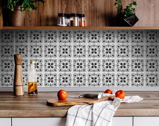 Charcoal and white scroll peel and stick removable tiles 4x4 pattern display showing elegant decorative design

