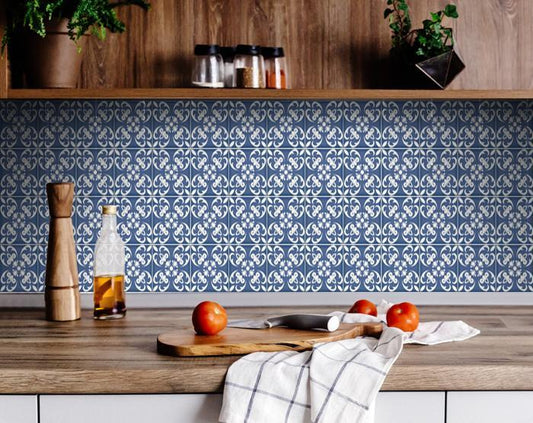 6x6 wedgwood blue and white peel and stick tiles applied on kitchen backsplash showing elegant blue pattern
