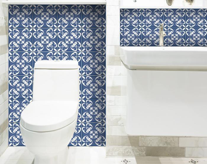 Kitchen wall decorated with wedgwood blue white 6x6 removable tiles creating sophisticated design
