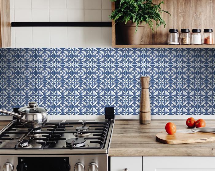 Wedgwood blue white tiles product packaging showing 24 stickers kit contents and dimensions
