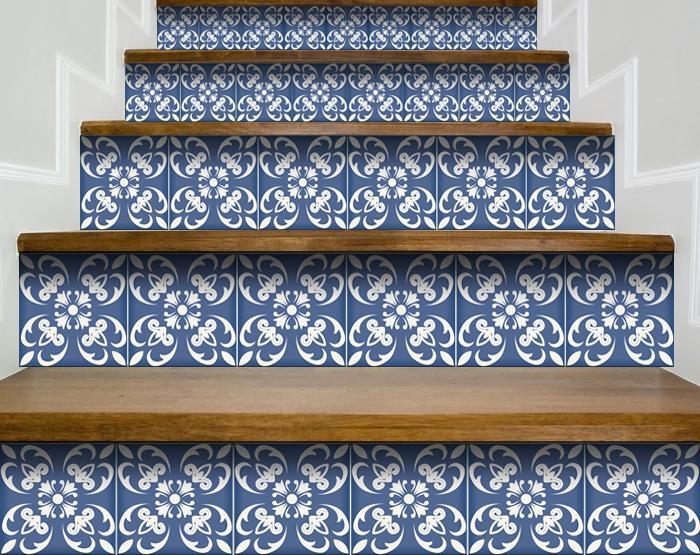 Installation demonstration of wedgwood blue white 6x6 peel and stick tiles on clean surface
