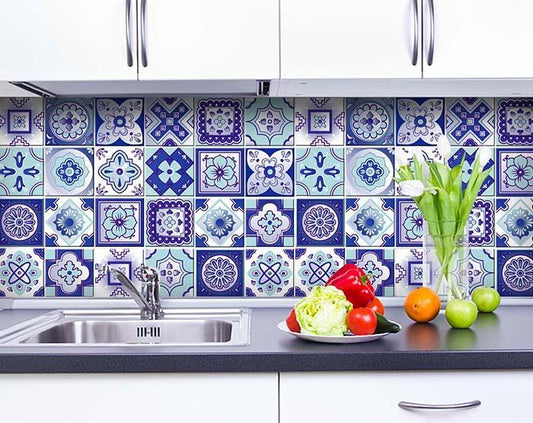 6x6 vintage turquoise blue and white peel and stick tiles arranged in decorative pattern showing Mediterranean design
