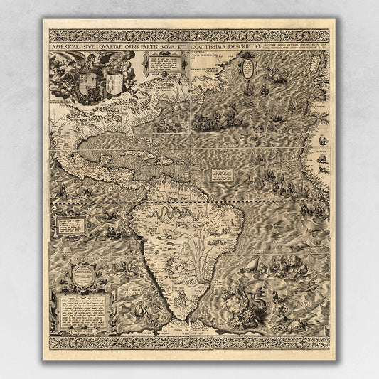 Vintage 1598 map of the Americas unframed print 20x16 inches, historical cartography wall art for home office decor
