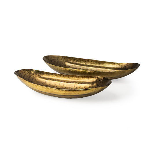 Set of two gold boat shaped hammered bowls with rustic bronze finish and hand-hammered artisan design
