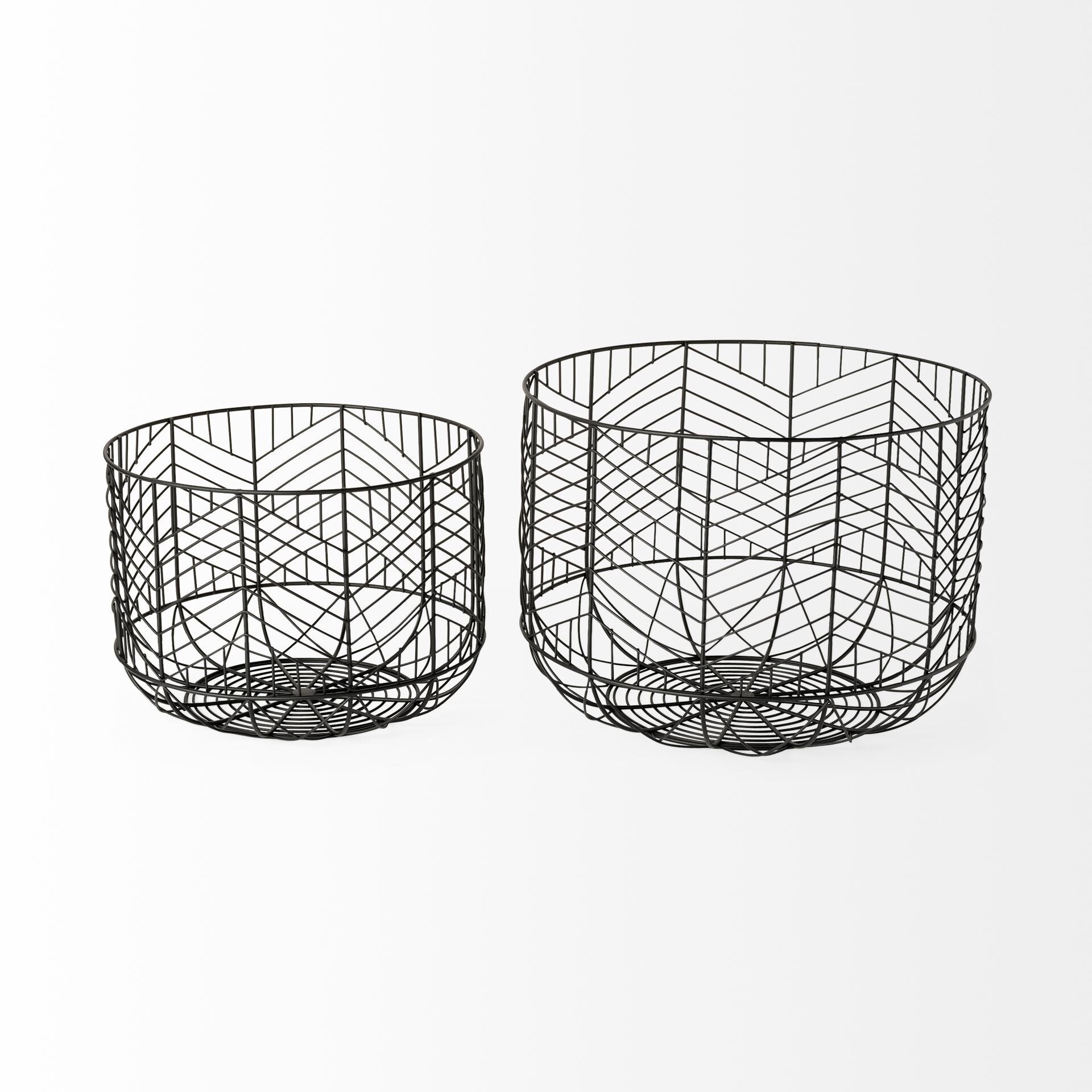 Modern chevron bowls set of 2 black metal side view displaying contemporary industrial design
