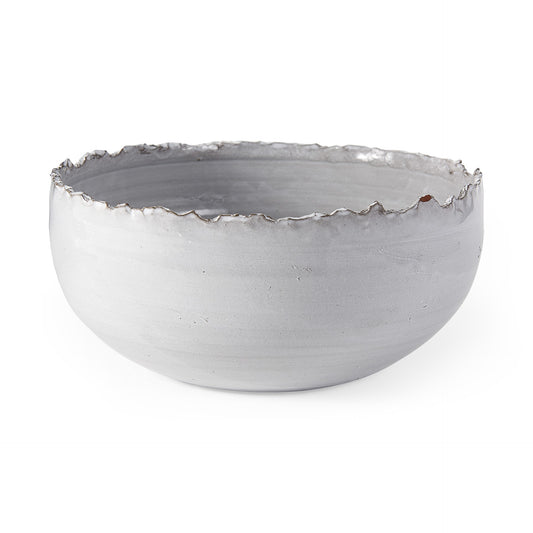 12.8 inch artisan gray and white ceramic centerpiece bowl with scalloped rim, modern rustic two-tone glaze decor
